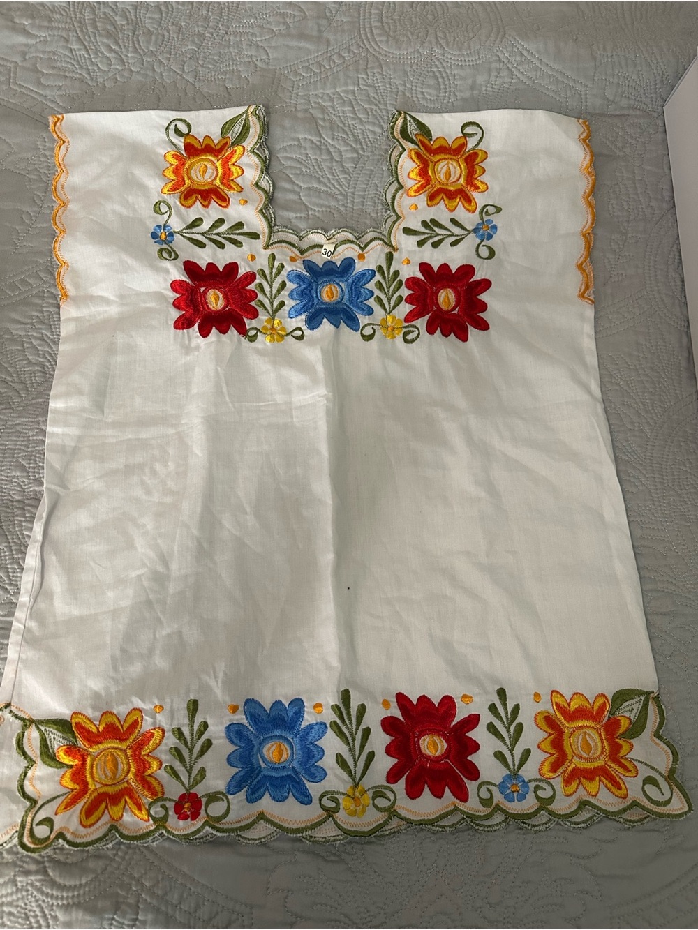 Source Unknown White Cotton Blouse with Red, Blue & Yellow Floral Embroidery